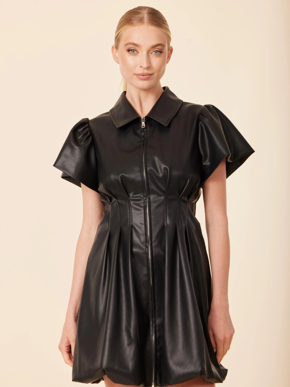 Olivaceous Black Faux Leather Bubble Mini Dress with Puff Sleeves